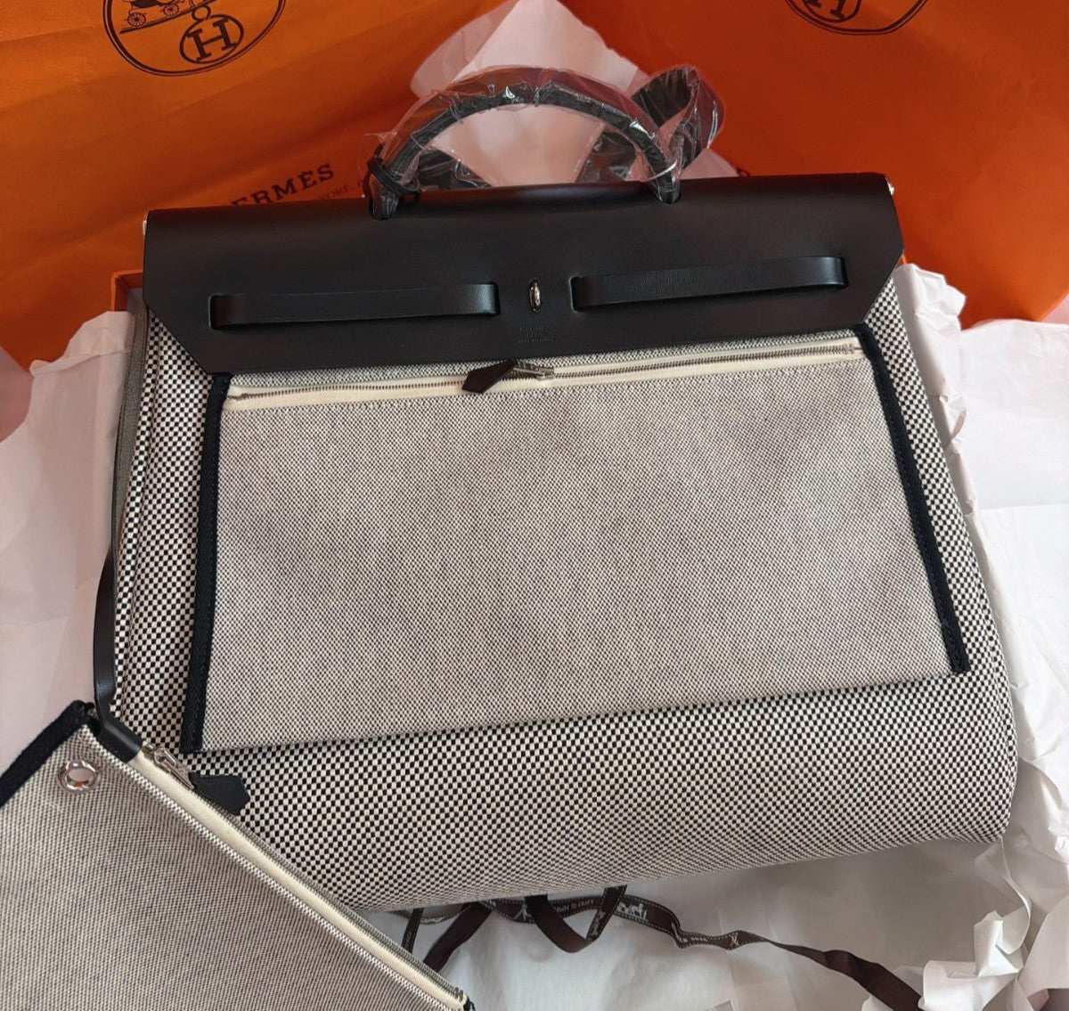 Hermes Herbag39 Top Handle Shoulder Bag Crossbody Gray Black Unisex Adults