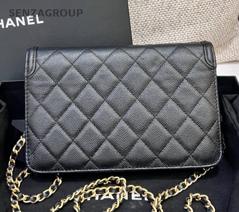 Chanel Vanity WOC Chain Shoulder Bag Crossbody Black Gold Diamond Women Classic