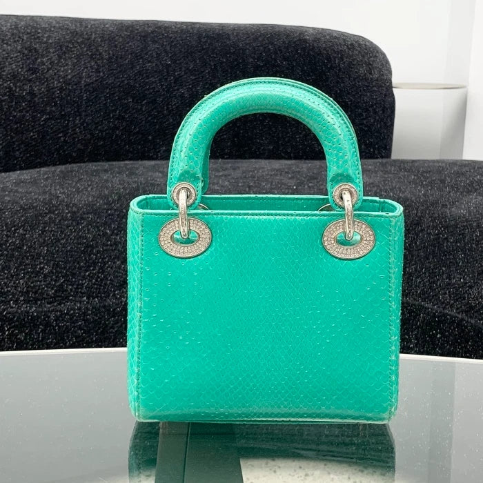 Christian Dior Lady Dior 2Way Top Handle Bag Crossbody Green Silver Women S