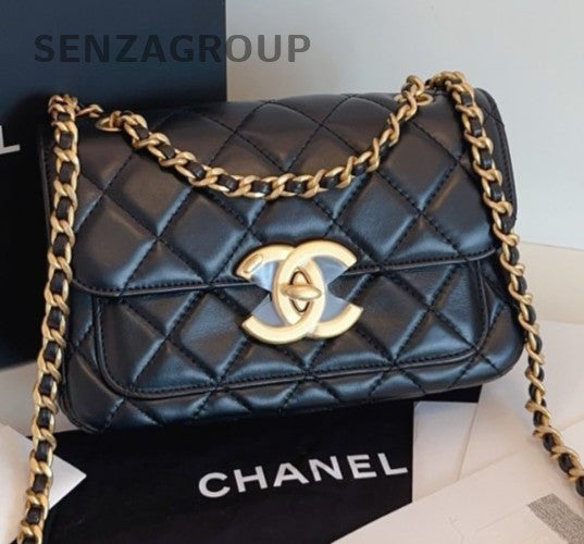 Chanel 24B Diamond Chain Shoulder Bag Crossbody Black Gold Women Classic