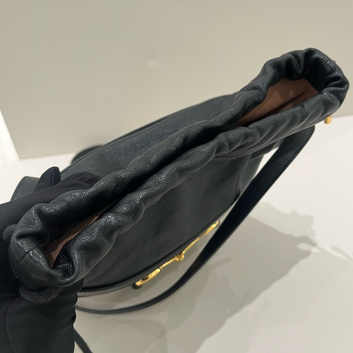 Gucci 1955 Drawstring Bucket Bag Black Gold Shoulder Crossbody Women
