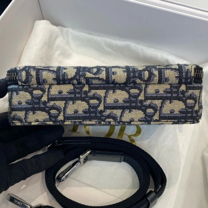 Christian Dior Oblique Canvas Shoulder Bag Crossbody Blue Silver Women Classic D