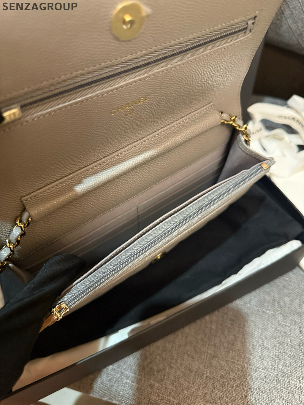 Chanel WOC Calfskin Chain Shoulder Crossbody Bag Grey Gold Classic Fashion