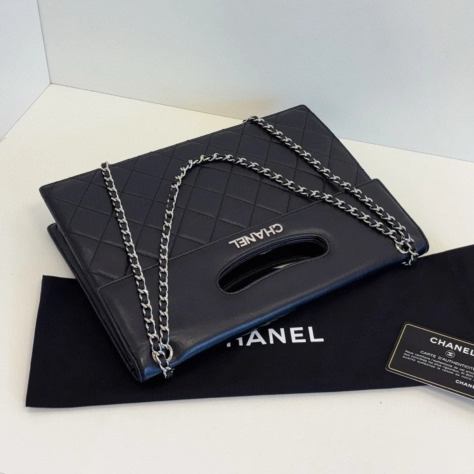 Chanel Diamond Chain Satchel Top Handle Shoulder Bag Black Silver Women Classic