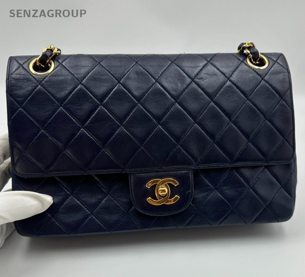 Chanel Classic Flap Lambskin MM Chain Shoulder Crossbody Blue Gold Women Vintage
