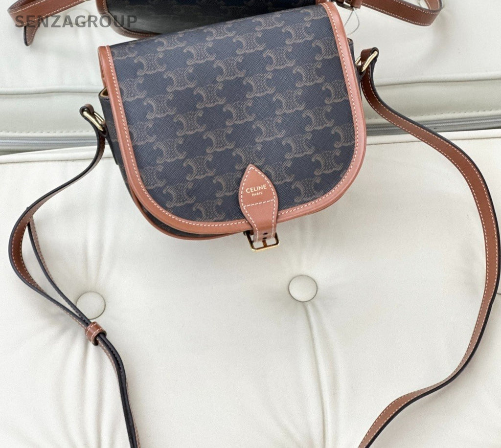Celine Triomphe Canvas Calfskin Saddle Shoulder Bag Brown Almost Brand New