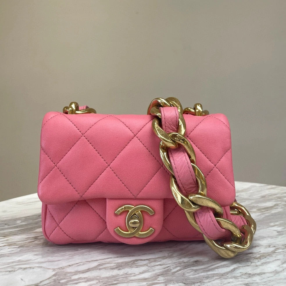 CHANEL Hobo Barbie Pink Thick Chain Shoulder Bag Diamond Women Classic