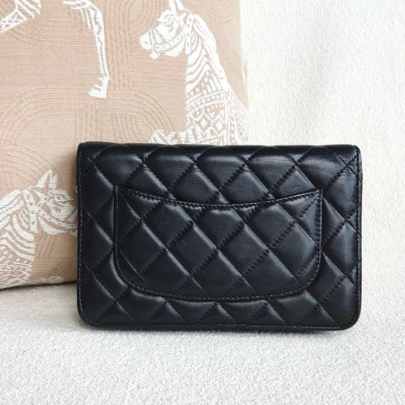 Chanel WOC Lambskin Chain Crossbody Black Silver Diamond Women Classic