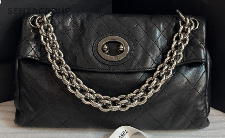 CHANEL Classic Pig nose Herringbone chain Shoulder bag Black Silver