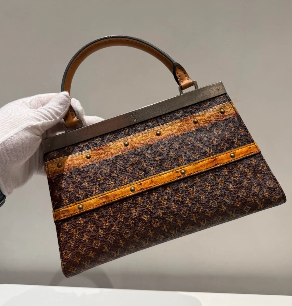 Louis Vuitton City Frame Monogram Top Handle Bag Crossbody Brown Gold Women