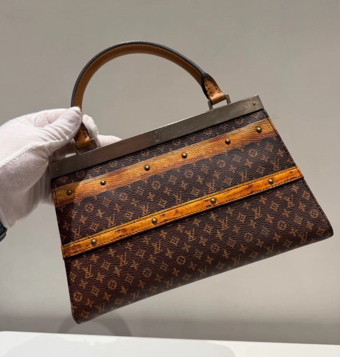 Louis Vuitton City Frame Monogram Top Handle Bag Crossbody Brown Gold Women