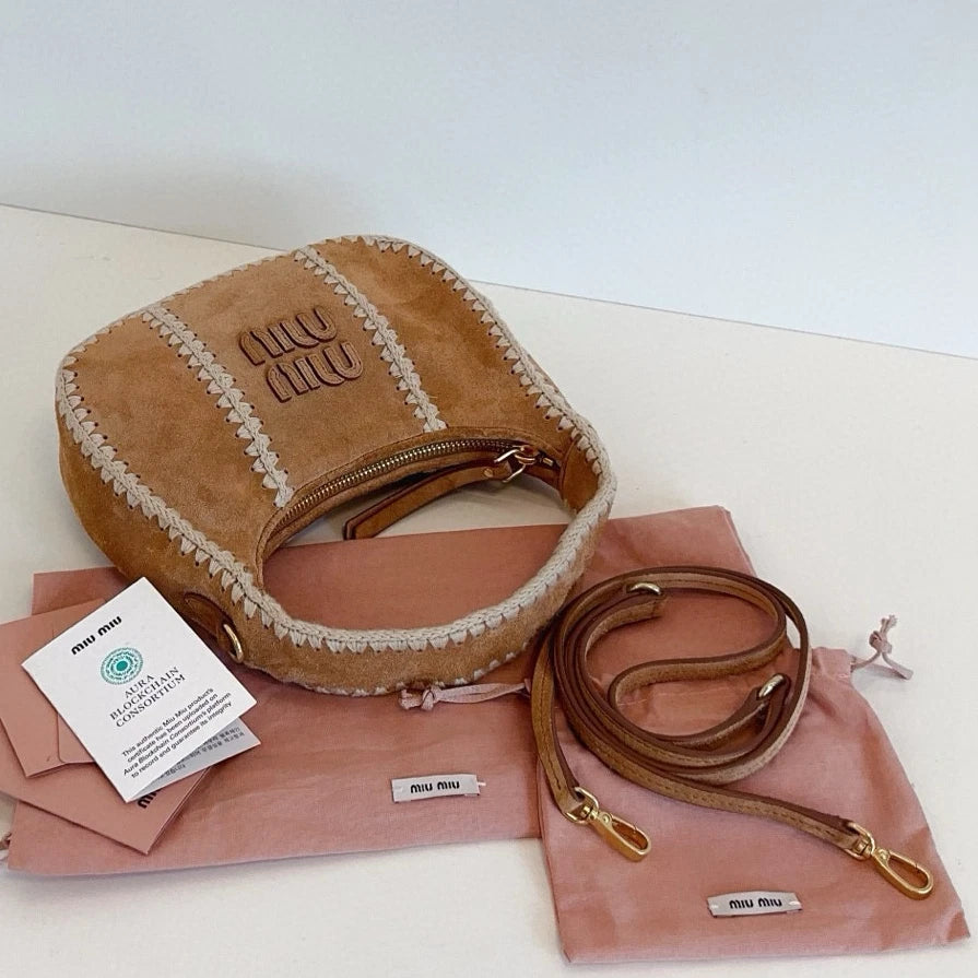 Miu Miu Wander Suede Top Handle Shoulder Bag Brown Gold Women Classic