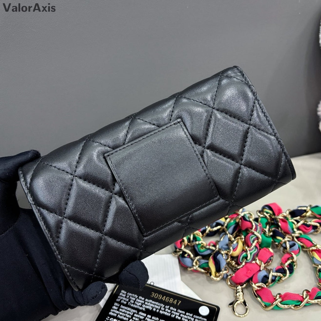Chanel Diamond Lambskin Chain Crossbody Black Gold Women Classic