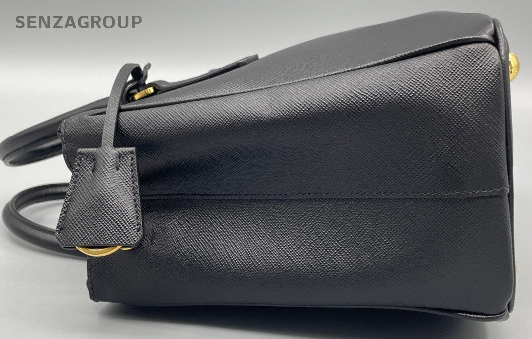 Prada Saffiano Lux Top Handle Bag Crossbody Black Gold Women Classic