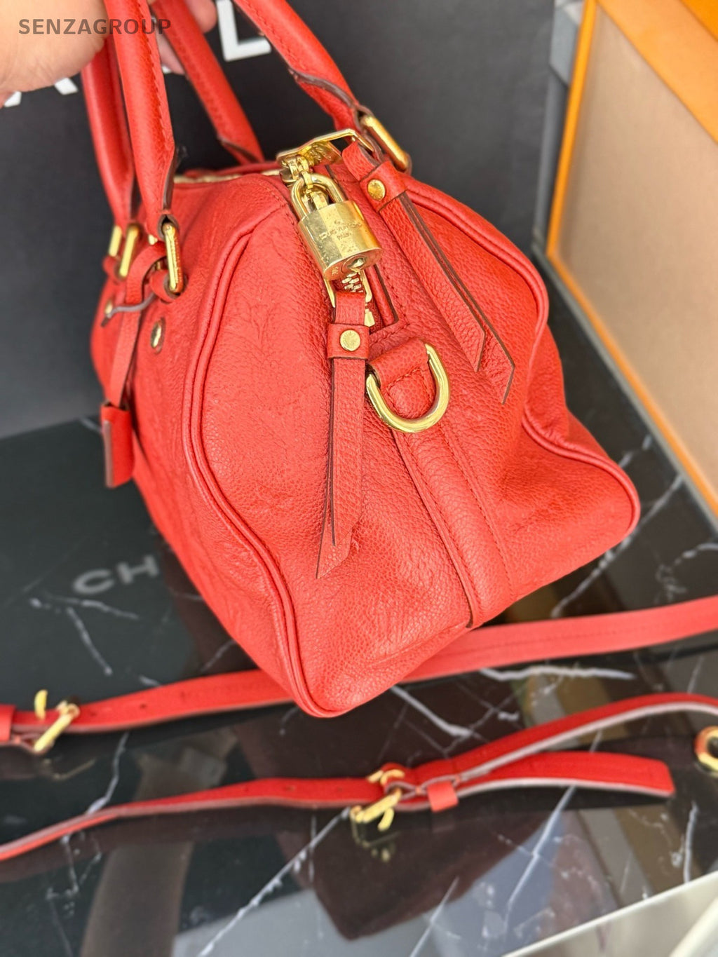 Louis Vuitton Speedy30 Monogram Empreinte 2way Shoulder Handbag Red Gold Women