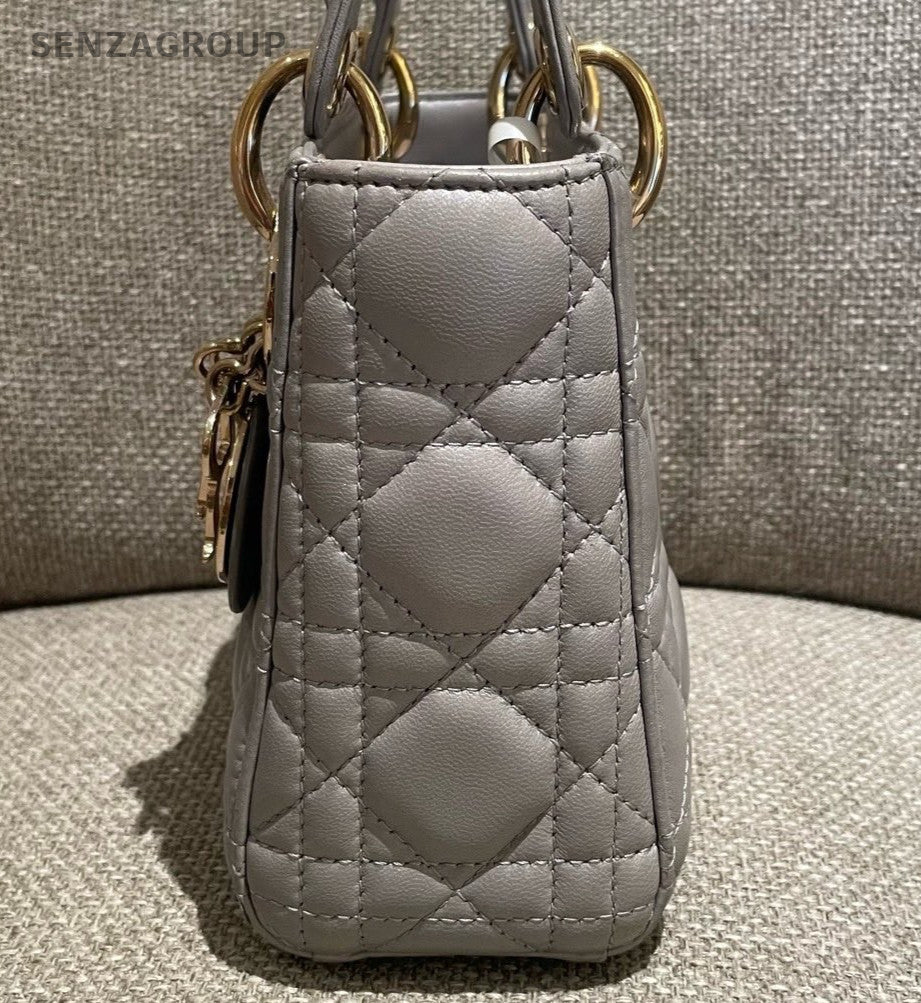 Christian Dior Lady Dior Chain Crossbody Top Handle Bag Gray Gold Women Fashion