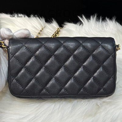 Chanel Quilted Chain Shoulder Crossbody Bag Black Gold Classic Women