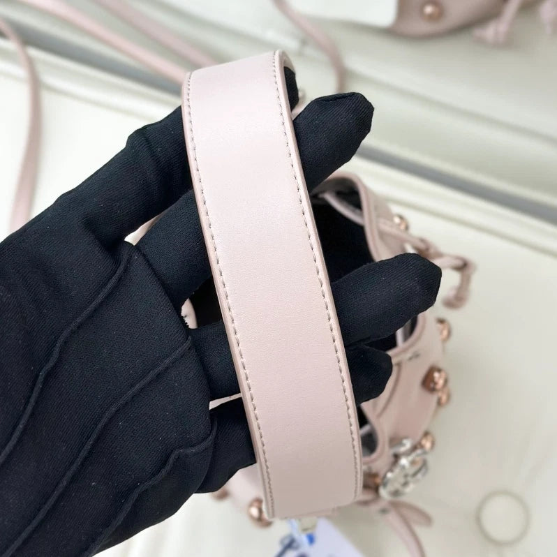 Fendi Calfskin PM Bucket Top Handle Shoulder Bag Pink Gold Pearls Women S