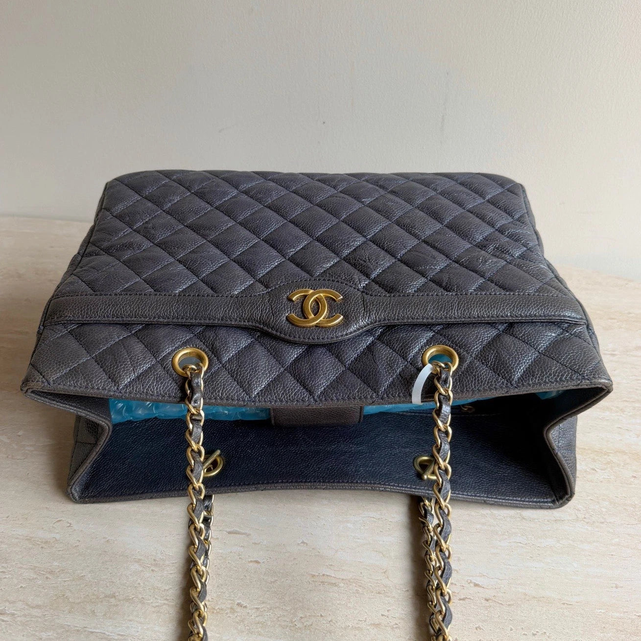 Chanel Calfskin Leather Diamond Navy Tote Gold Chain Shoulder Bag