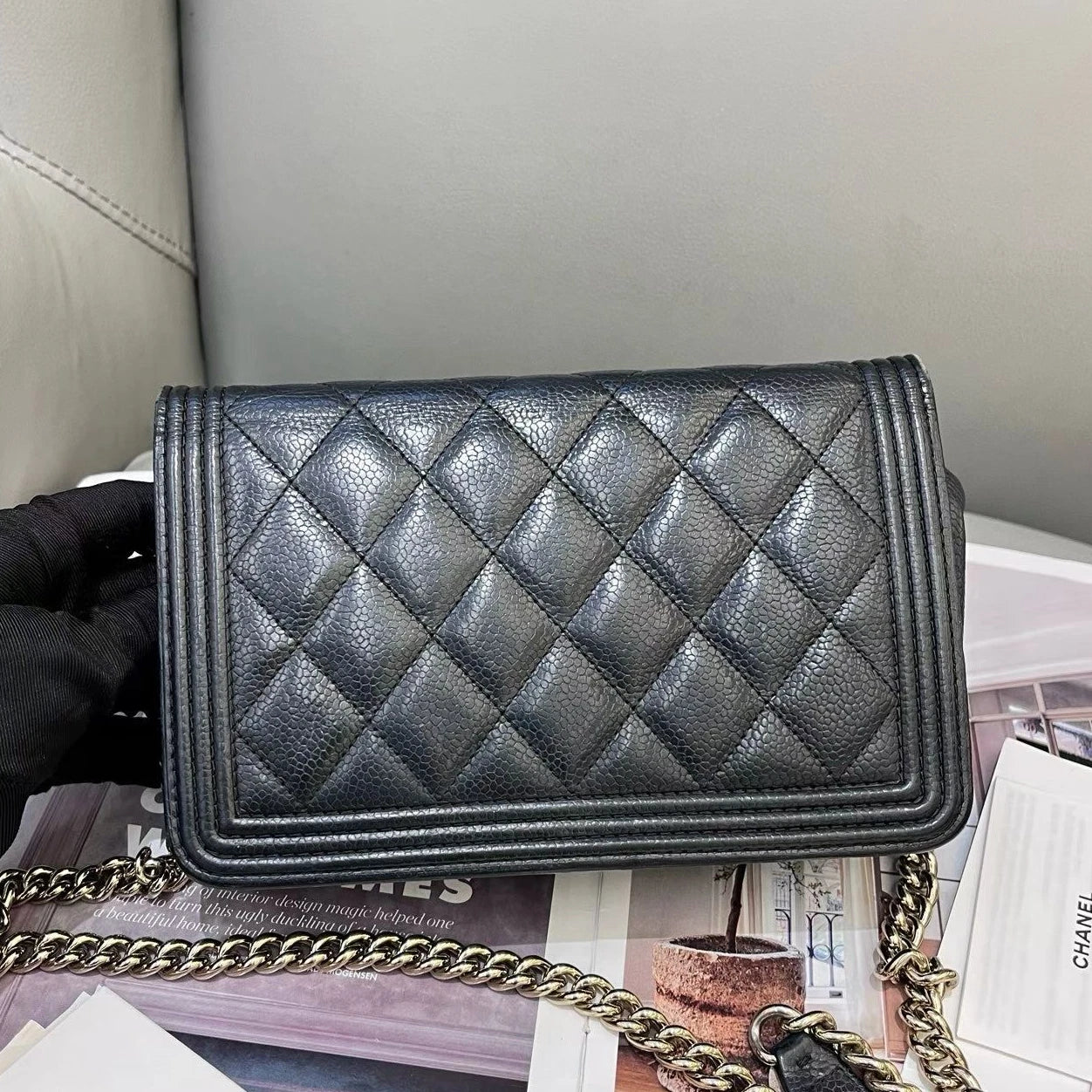 Chanel Leboy WOC Chain Shoulder Crossbody Black Gold Women Classic Diamond