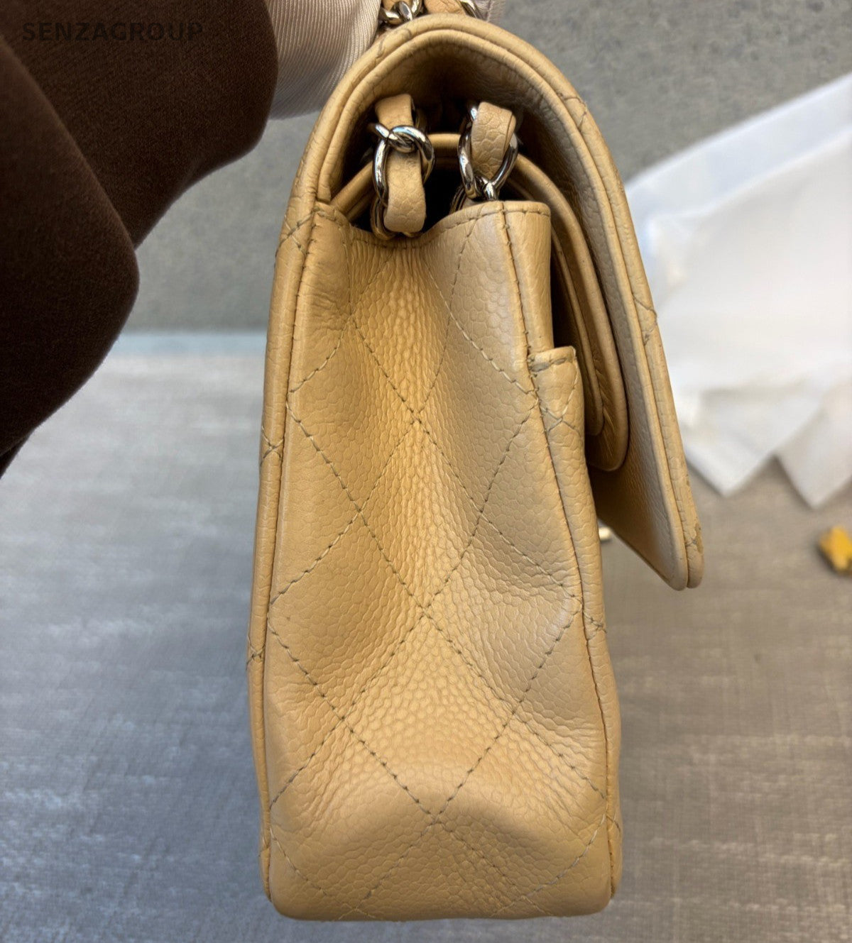 Chanel Classic Flap MM Chain Shoulder Bag Crossbody Beige Gold Women Diamond