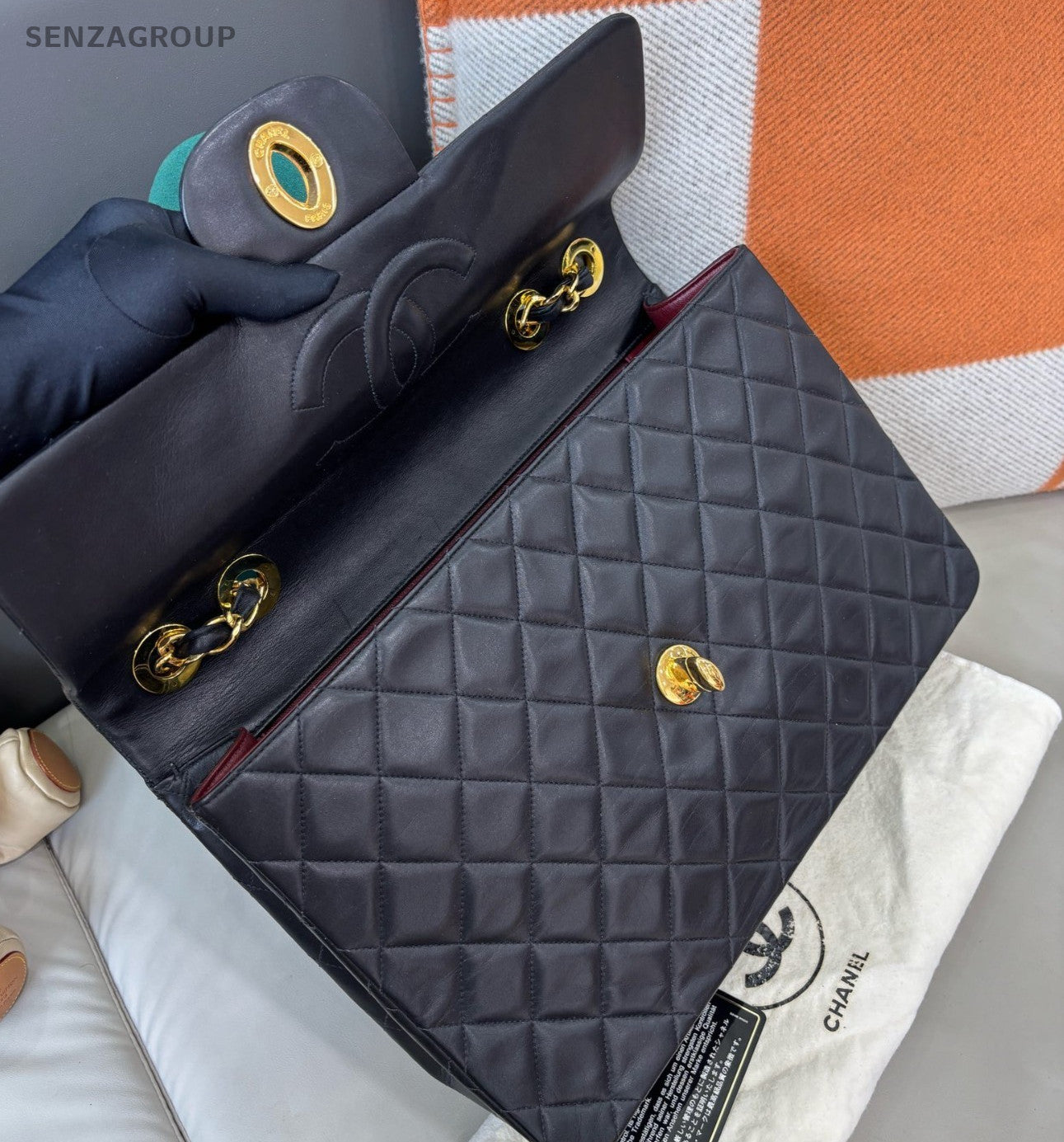 Chanel Classic Flap Vintage Chain Shoulder Bag Black Gold Women Diamond