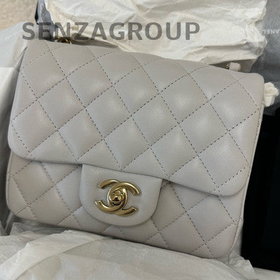 Chanel 23S Square Mini Bag Light Gray Gold Hardware Quilted Chain Shoulder Bag