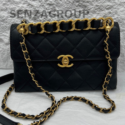 Chanel 22S Accordion Flap Bag Black Gold Quilted Chain Shoulder Crossbody