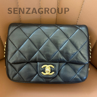 Chanel Classic Flap Lambskin Quilted Chain Bag Black Gold Women's Fashion