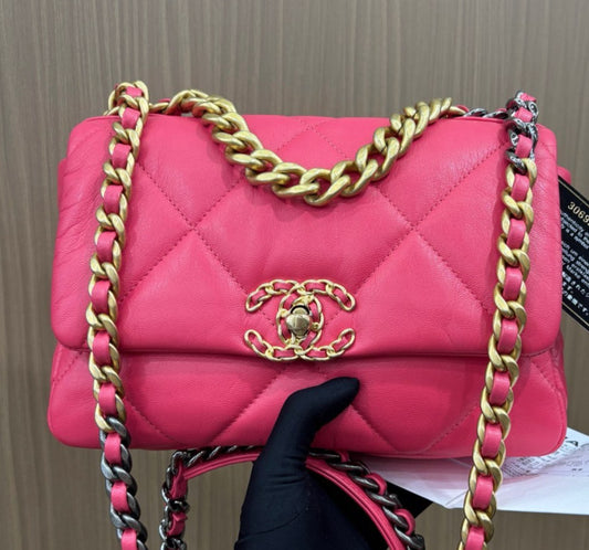Chanel 19Bag PM Chain Shoulder Bag Crossbody Pink Gold Diamond Women Classic