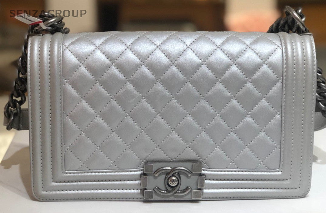 Chanel Leboy MM Calfskin Chain Shoulder Bag Silver Diamond Women Classic
