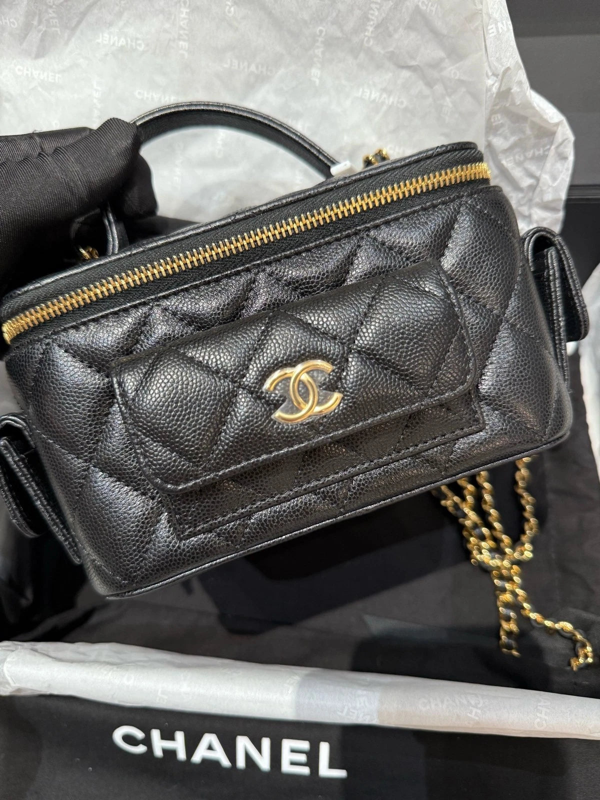 CHANEL Cargo Black Gold Caviar Leather Shoulder Bag For Women