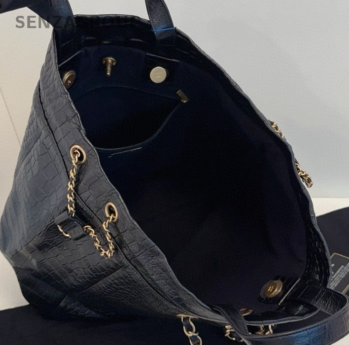 Chanel Calfskin Tote Top Handle Bag Chain Shoulder Bag Black Gold Women Classic