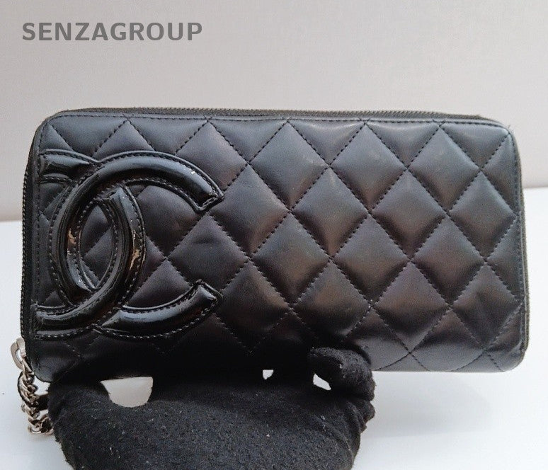 Chanel Diamond Zipping Wallet Clutch Black Silver Women Classic