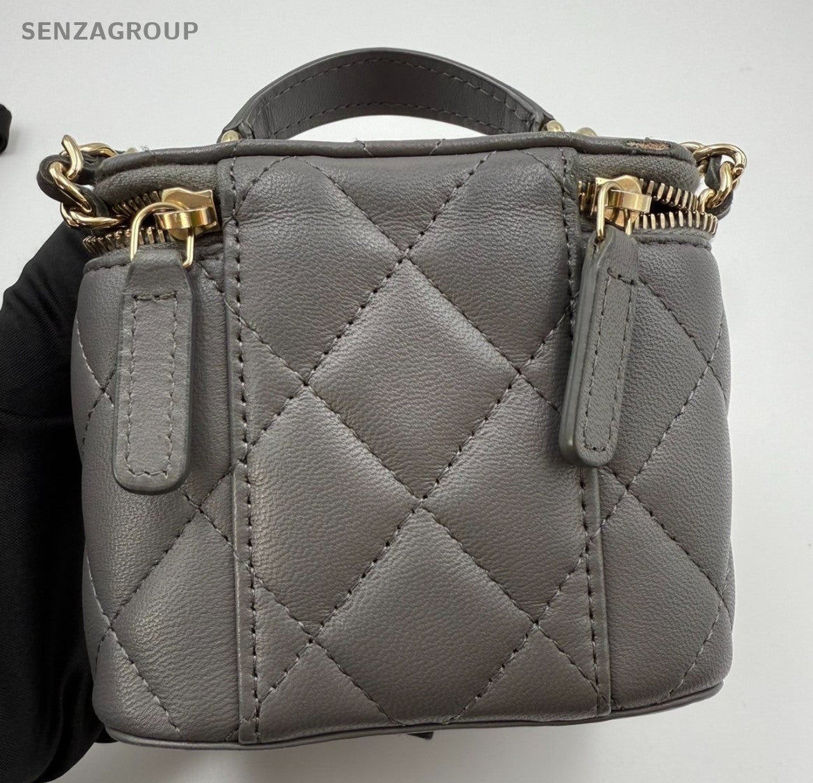 Chanel Vanity Case Lambskin Mini Top Handle Shoulder Crossbody Gray Gold Women