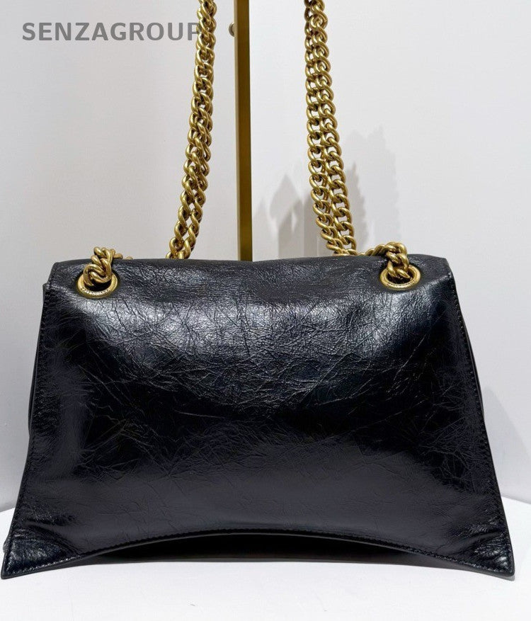 Balenciaga CRUSH Calfskin MM Chain Shoulder Bag Black Gold Used Women Classic