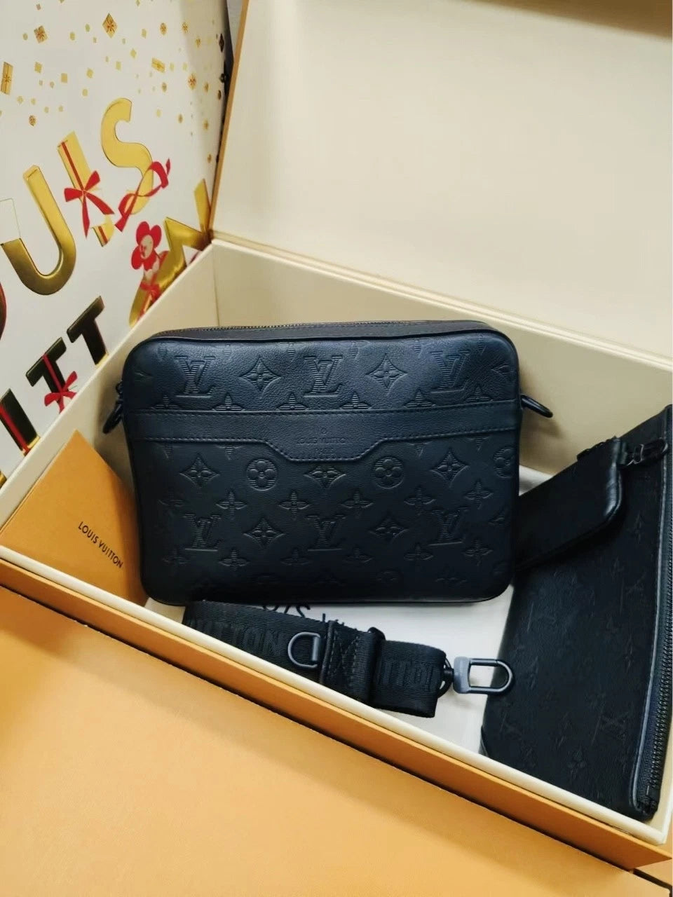 Louis Vuitton Black Trio Embossed Leather Crossbody Messenger Bag For Unisex