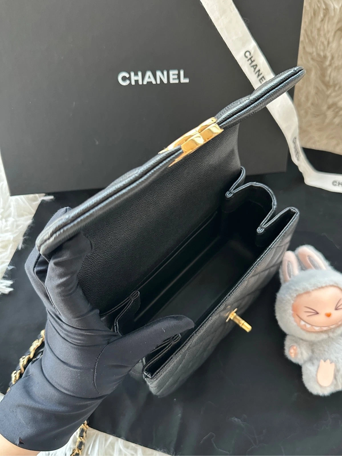 CHANEL Black Caviar Leather Square Shoulder Handbag For Women