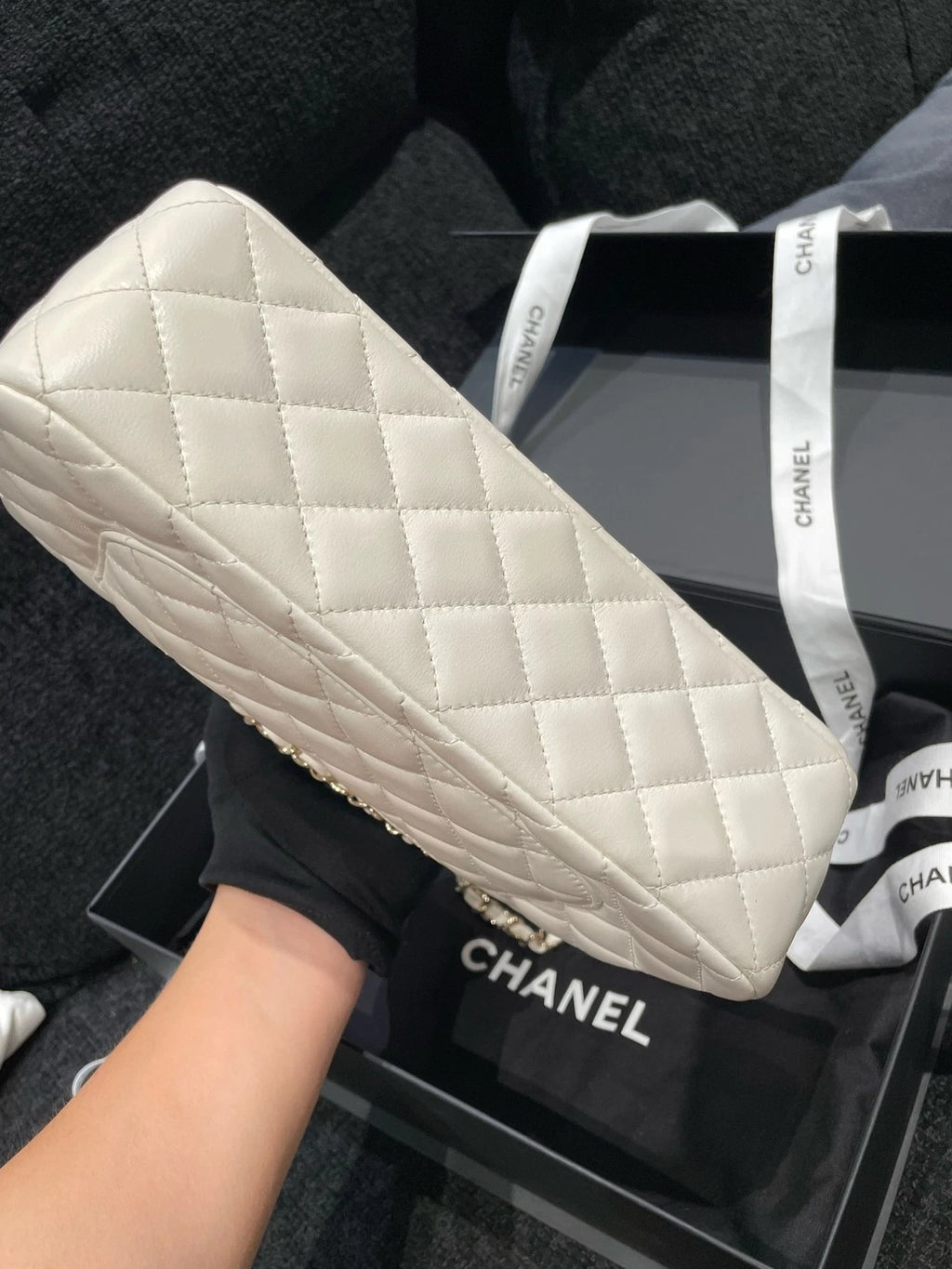 CHANEL Lambskin Rhinestone Handle White Gold CF Bag For Women