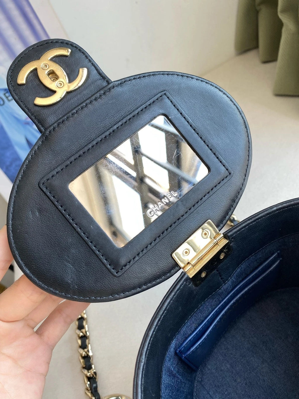 CHANEL Black Gold Vanity Case Mini Bucket Bag For Women