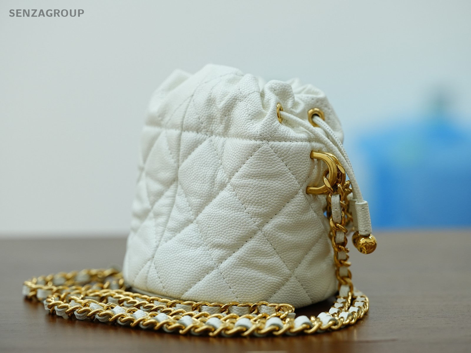 CHANEL Caviar CC Bucket mini Chain Shoulder bag Women White Gold Drawstring