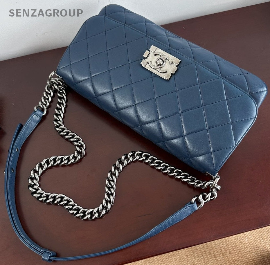 CHANEL Leboy Calfskin Chain Shoulder bag Crossbody Women Blue Silver
