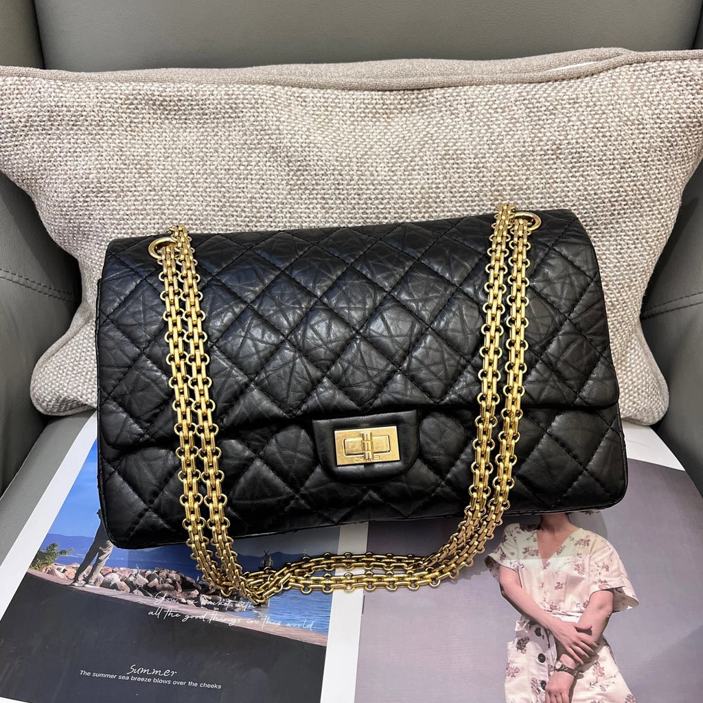 Chanel 2.55 MM Calfskin Chain Shoulder Bag Black Gold Diamond Women Classic