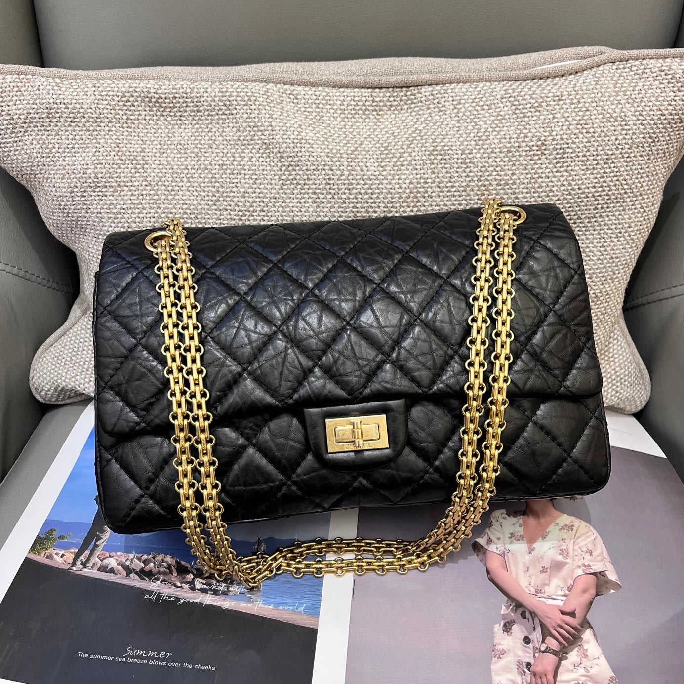 Chanel 2.55 MM Calfskin Chain Shoulder Bag Black Gold Diamond Women Classic