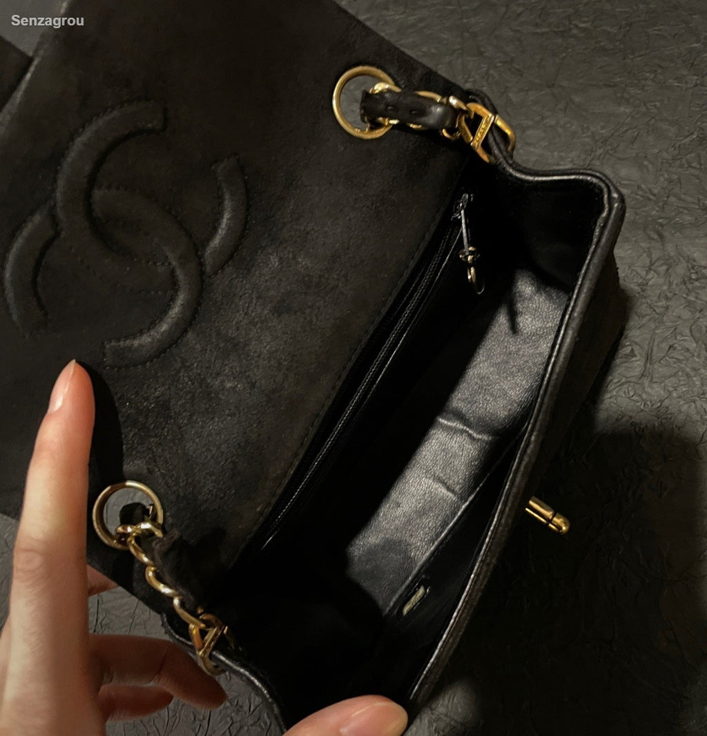 Chanel Classic Flap Suede Chain Shoulder Bag Crossbody Black Gold Women Vintage