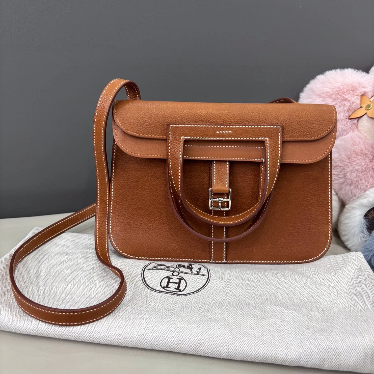 Hermes Halzan25 Top Handle Bag Crossbody Brown Silver Women Classic