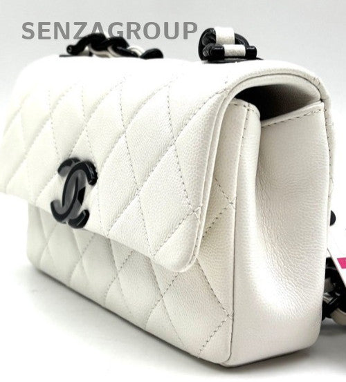 Chanel 21C Mini Calfskin Diamond Chain Shoulder Bag Crossbody White Black Women