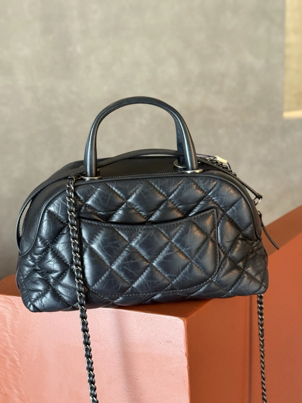 Authentic Chanel Bowling MINI Oil Wax Top Handle Shoulder Bag Black SHD
