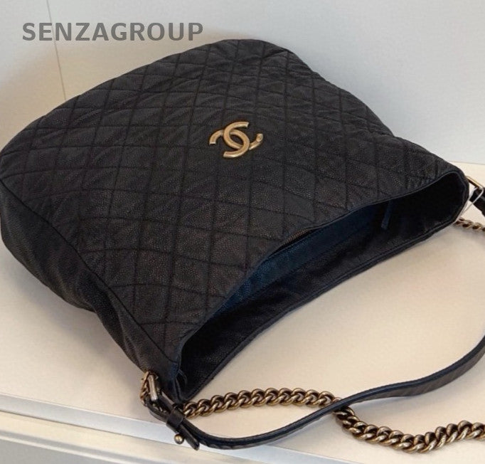 Chanel Diamond Hobo Top Handle Bag Chain Shoulder Bag Black Gold Women Classic