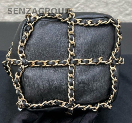 Chanel 21C Lambskin Chain Shoulder Bag Crossbody Black Gold Women Classic
